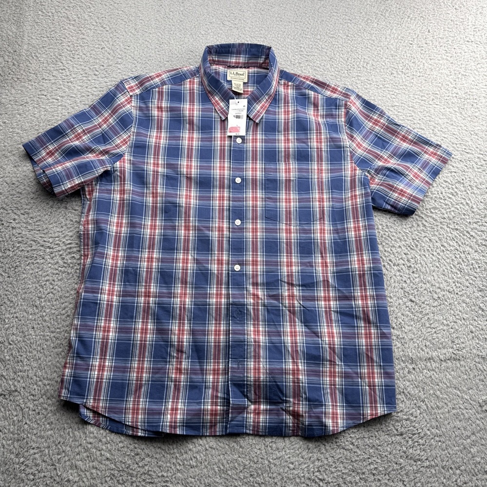 L.L. Bean Shirt Mens Large Regular Blue Red Plaid Button Up S/S Casual 524705